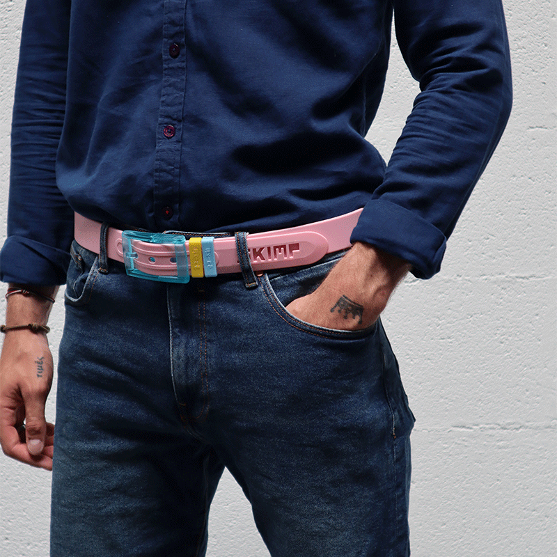 ceinture portée unisexe rose avec passants bleu et jaune