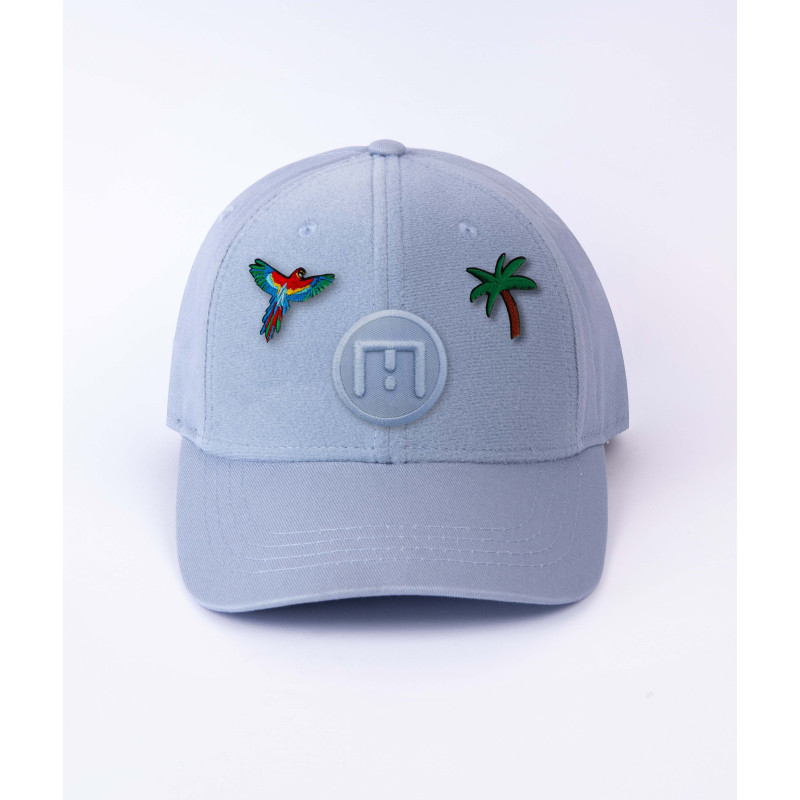 casquette bleue ciel avec patch skimp, patch perroquet et patch palmier