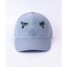casquette bleue ciel avec patch skimp, patch perroquet et patch palmier